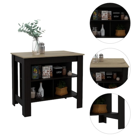 Tuhome Cala Kitchen Island, Four Legs, Three Shelves, Black/Light Oak AWD5014